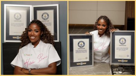 Side-by-side photos of Nigerian chef Hilda Baci smiling in a white chef coat while posing indoors with her framed Guinness World Records certificates, including the plaque for the world’s largest pot of jollof rice.