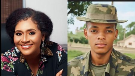 Side-by-side photo showing Nigerian actress Hilda Dokubo smiling in a floral outfit and naval officer Lt. A.M. Yerima in full camouflage uniform.