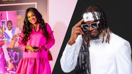 Side-by-side collage of Ify Okoye wearing a bright pink dress while smiling at an event, and singer Rudeboy dressed in a white outfit with a black leather chest strap, sunglasses, and a white bandana, striking a stylish pose against a dark background.