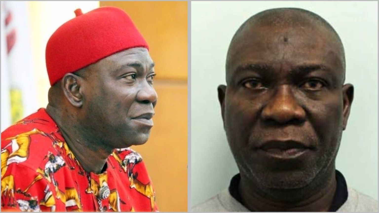 Side-by-side photos of Ike Ekweremadu; the left image shows him wearing a red cap and patterned attire, while the right image shows a close-up of his face in a neutral background.