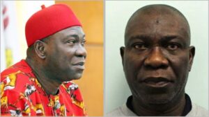 Side-by-side photos of Ike Ekweremadu; the left image shows him wearing a red cap and patterned attire, while the right image shows a close-up of his face in a neutral background.