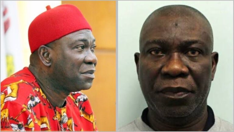 Side-by-side photos of Ike Ekweremadu; the left image shows him wearing a red cap and patterned attire, while the right image shows a close-up of his face in a neutral background.