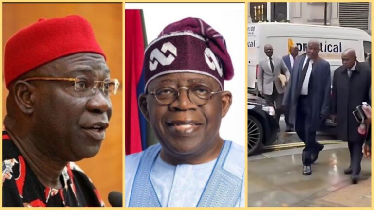 Collage showing Senator Ike Ekweremadu, President Bola Ahmed Tinubu, and members of his ministerial delegation arriving in London for a meeting with UK officials.