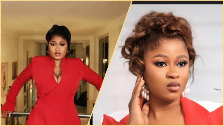 Side-by-side photos of BBNaija Season 10 winner Imisi wearing a red outfit; one shot shows her leaning on a railing indoors, the other is a close-up portrait with pearl earrings.