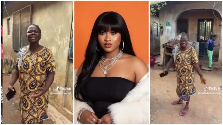 A collage showing BBNaija Season 10 winner Imisi in a studio portrait wearing a black strapless outfit with layered silver necklaces, placed between two images of her mother standing outside a modest, weathered building while speaking to the camera.