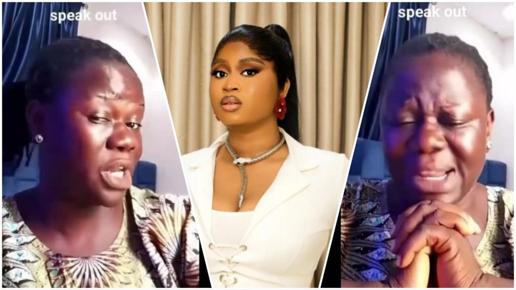 A collage showing BBNaija Imisi in the centre wearing a white outfit, flanked by two emotional screenshots of her mother speaking and crying during a video appeal.