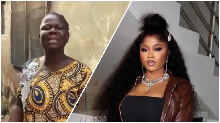 Side-by-side image showing BBNaija star Imisi wearing a stylish outfit with long wavy hair and makeup, and her mother standing outdoors in a patterned traditional dress, appearing emotional.