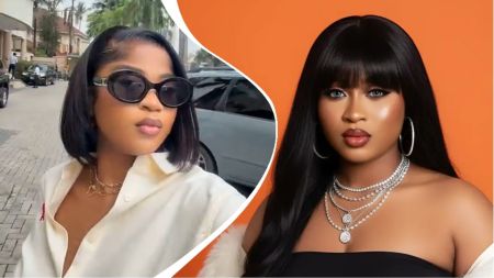 Side-by-side collage of BBNaija winner Imisi, showing her in sunglasses and a white shirt on the left, and a studio portrait with long black hair, hoop earrings, and layered silver necklaces on the right.