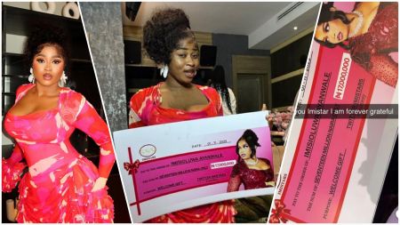 Collage showing BBNaija star Imisioluwa Ayanwale posing in a red-pink ruffled dress, holding a giant ceremonial cheque of ₦17 million presented by her Twitter fanbase “Imistars,” with a close-up of the cheque displaying her name and the gift amount.