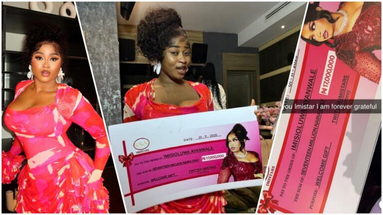 Collage showing BBNaija star Imisioluwa Ayanwale posing in a red-pink ruffled dress, holding a giant ceremonial cheque of ₦17 million presented by her Twitter fanbase “Imistars,” with a close-up of the cheque displaying her name and the gift amount.