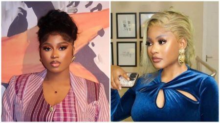 Side-by-side photo collage of BBNaija stars Imisi and Phyna. On the left, Phyna wears a patterned purple outfit with her hair styled in a bun. On the right, Imisi poses indoors wearing a blue velvet dress with gold earrings and blonde hair.
