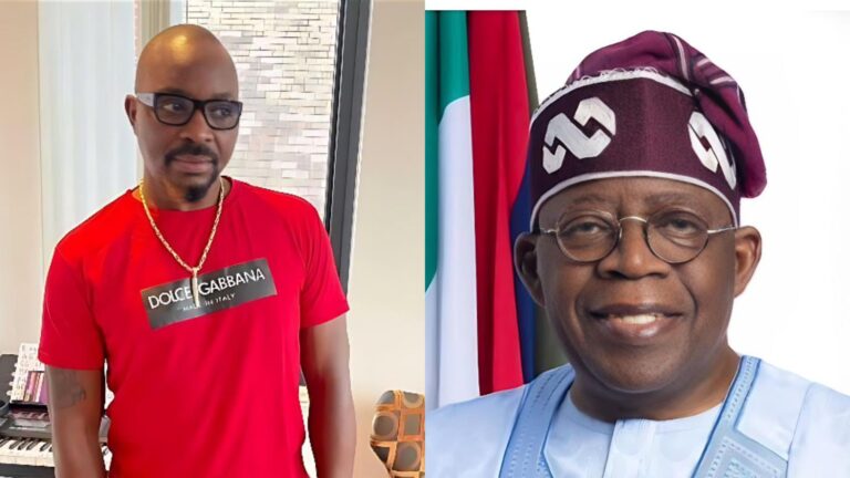 A side-by-side photo showing Isaac Fayose wearing a red Dolce & Gabbana shirt and glasses on the left, and President Bola Ahmed Tinubu smiling in traditional attire and cap on the right.