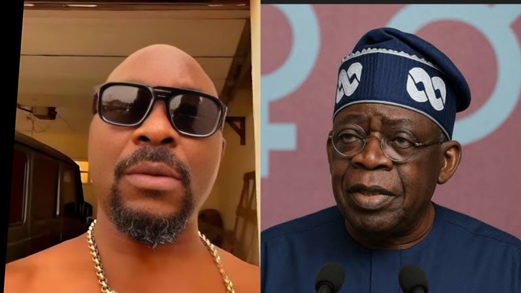 A split image showing Isaac Fayose wearing dark sunglasses on the left, and Nigerian President Bola Ahmed Tinubu speaking at an event on the right.