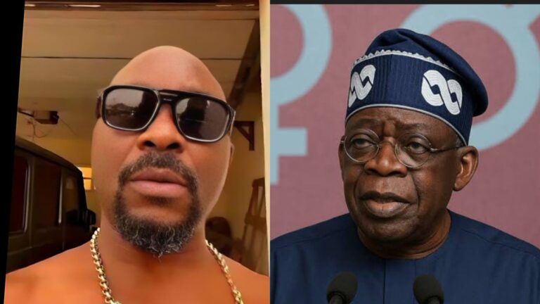 A split image showing Isaac Fayose wearing dark sunglasses on the left, and Nigerian President Bola Ahmed Tinubu speaking at an event on the right.