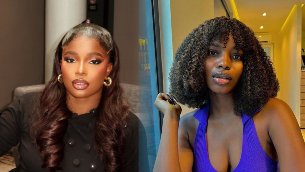 Side-by-side photo of BBNaija housemate Isabella, showing her in two different looks — one with long wavy hair, glam makeup and gold hoop earrings, and the other with short curly hair, minimal makeup and a blue sleeveless top.