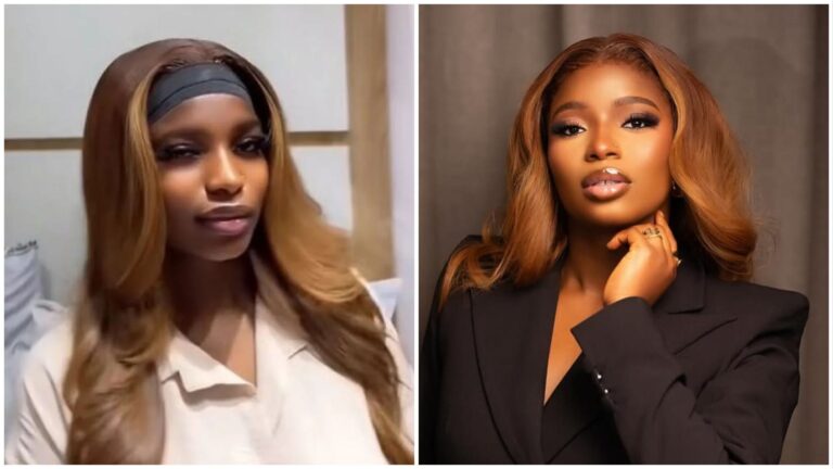 Side-by-side photos of BBNaija star Isabella; the left image shows her in a casual outfit with long wavy brown hair and subtle makeup, while the right image shows her in a formal black outfit with styled brown hair and polished makeup.