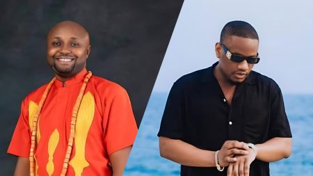 Side-by-side photo of Israel DMW smiling in a traditional red outfit and DJ Tunez dressed in black while looking down at his wrist.