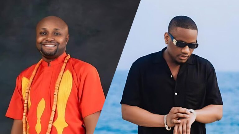Side-by-side photo of Israel DMW smiling in a traditional red outfit and DJ Tunez dressed in black while looking down at his wrist.