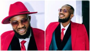 Side-by-side photos of Nigerian auto dealer IVD wearing a red suit and red hat, smiling while posing for the camera.