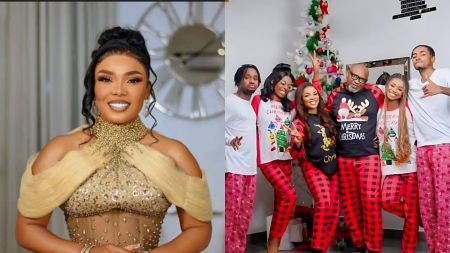 Left: Iyabo Ojo smiles in a glamorous gold-embellished gown with her hair styled in an elegant updo. Right: Iyabo Ojo poses with her family in matching Christmas-themed outfits beside a decorated Christmas tree.