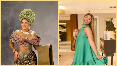 Side-by-side collage showing Iyabo Ojo in a green traditional gele and lace gown on the left, and a second photo of her in a sleeveless green flowing dress, smiling indoors on the right.