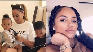 Jada P sits with her two children in a warm indoor setting in the first image, while the second image shows her posing in a close-up selfie with braided