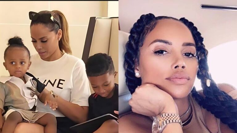 Jada P sits with her two children in a warm indoor setting in the first image, while the second image shows her posing in a close-up selfie with braided