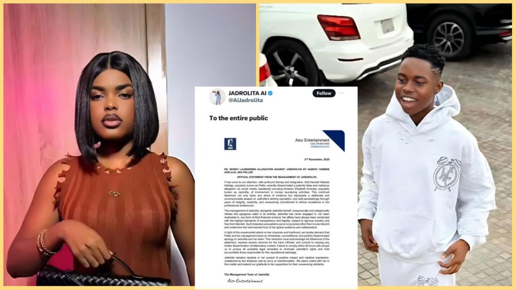 Collage showing content creator Jarvis on the left, an official statement from Aiso Entertainment at the centre, and Peller smiling in a white hoodie on the right.