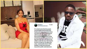Side-by-side collage showing Regina Daniels seated in a red dress on a couch, a screenshot of Jaywon’s tweet in the centre, and singer Jaywon wearing dark sunglasses and a white jacket on the right.