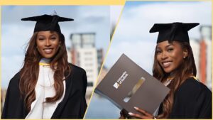 Jemima Osunde smiles in her graduation gown and cap while holding her University of Suffolk certificate during her master’s degree ceremony.