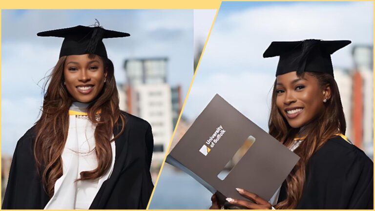 Jemima Osunde smiles in her graduation gown and cap while holding her University of Suffolk certificate during her master’s degree ceremony.