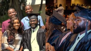 Left side: Jide Awobona is seen in a graduation gown and cap, smiling as he poses outdoors with a woman and two young boys standing behind them. Right side: Jide Awobona sits in a graduation hall wearing his cap and gown, alongside other graduates in similar attire.