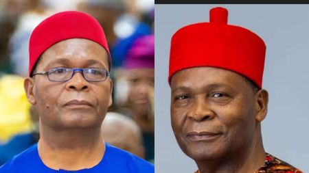 “Side-by-side photos of an older Igbo man wearing a red cap, glasses in the left image and without glasses in the right image, looking straight at the camera in both portraits.”