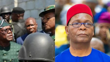 Composite image showing former Rivers State Governor Nyesom Wike in a tense exchange with a military officer during a land dispute in Abuja (left), and APC chieftain Joe Igbokwe wearing a red cap and glasses (right).