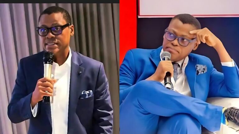 Side-by-side photos of Nigerian journalist Rufai Oseni. In the first image, he stands in a dark blue suit holding a microphone while speaking. In the second image, he sits in a bright blue suit, holding a microphone and resting his hand on his forehead in a thoughtful pose.