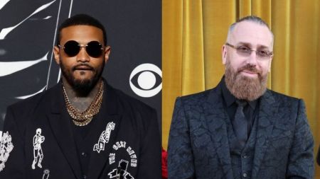 Side-by-side photo of rapper Joyner Lucas wearing dark sunglasses and layered gold chains, and DJ Vlad in a patterned black suit with glasses and a full beard, both posing at separate red-carpet events.
