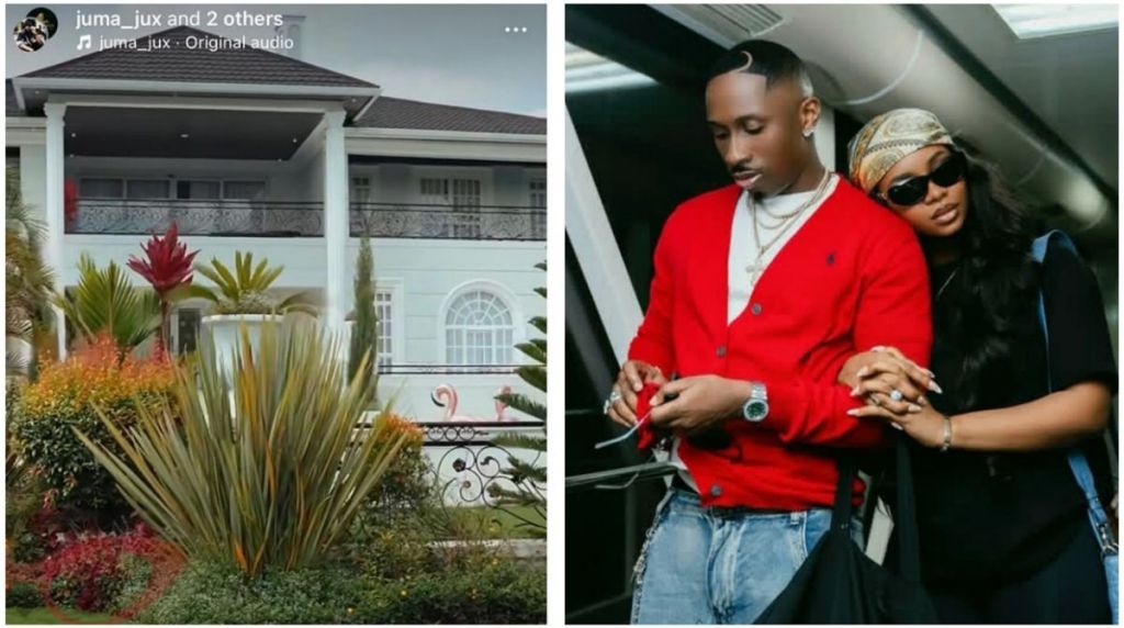 A side-by-side collage showing a white two-storey mansion with a landscaped garden on the left, and Tanzanian singer Juma Jux standing beside Priscilla Ojo on the right as she holds his arm while posing together.