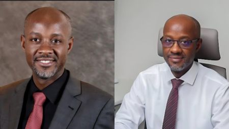 Side-by-side portraits of a middle-aged man with a bald head and short grey beard; the left image shows him wearing a dark suit and red tie against a textured backdrop, while the right image shows him in glasses, a white shirt and striped tie seated in an office chair.