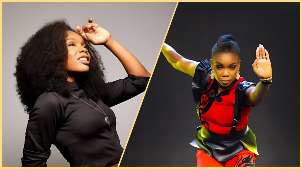Split-image collage of Nigerian dancer Kaffy; left side shows her in a black outfit with loose natural hair, smiling and looking upward, while the right side shows her in a colourful red and black dance costume striking a poised hand gesture during a performance.