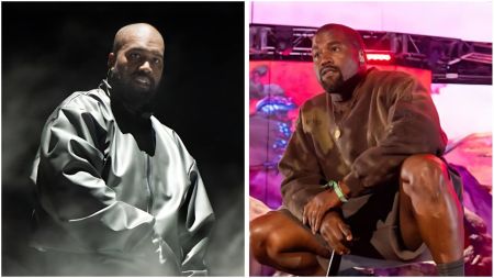 Side-by-side photos of Kanye West; on the left he stands in a foggy dark setting wearing a shiny oversized jacket, and on the right he kneels on stage in a brown outfit under colourful lights.