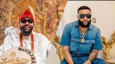 Side-by-side photo collage showing E-Money dressed in white traditional attire with a red cap while sitting on a gold royal-style throne, next to another image of him wearing blue denim and sunglasses while seated on a gold chair.