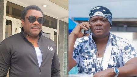Side-by-side photos of Nigerian actor Kevin Ikeduba; the left image shows him wearing sunglasses and a black jacket while standing outdoors, and the right image shows him on a phone call wearing a patterned shirt and a black bandana.