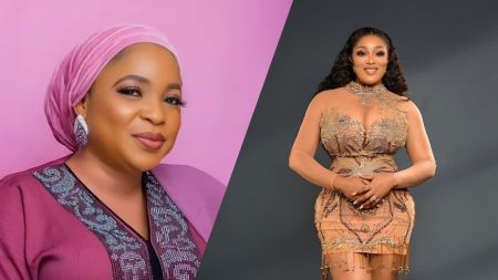 Side-by-side photo showing actress Kemi Afolabi wearing a pink headscarf and traditional attire beside actress Peggy Ovire in a gold embellished dress.