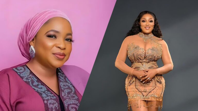 Side-by-side photo showing actress Kemi Afolabi wearing a pink headscarf and traditional attire beside actress Peggy Ovire in a gold embellished dress.