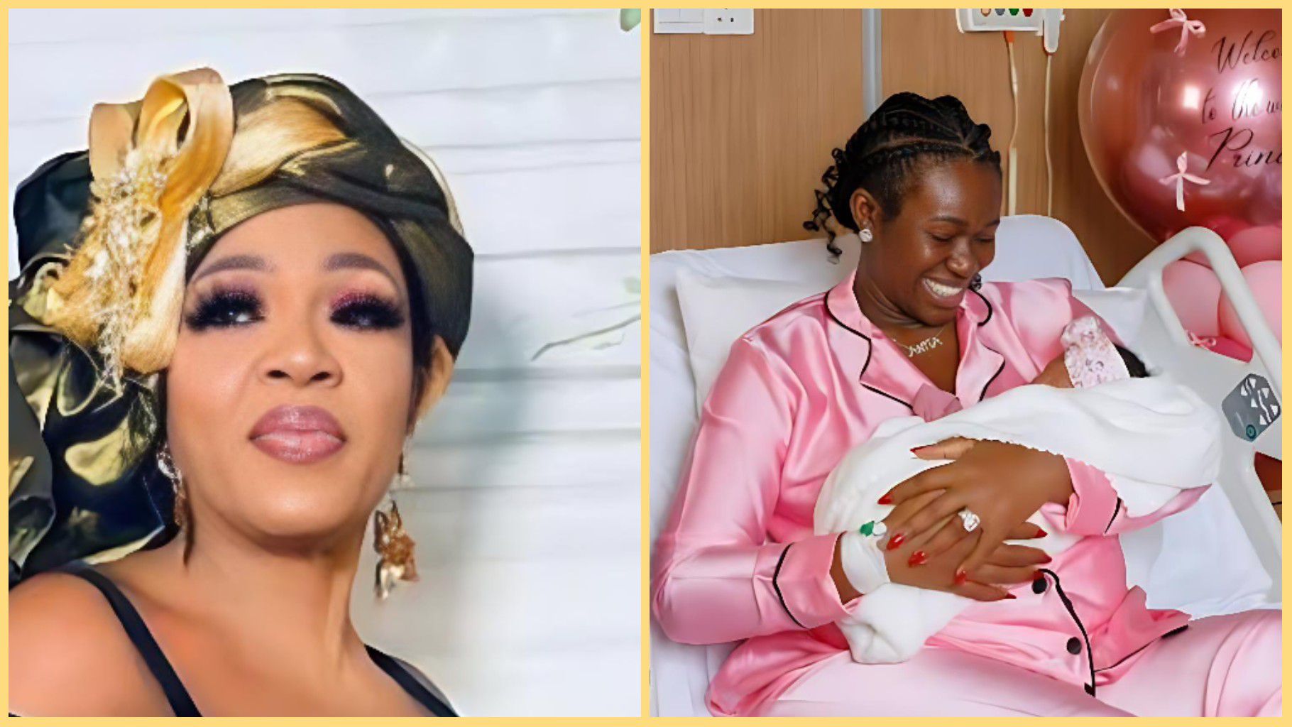 Side-by-side photo showing journalist Kemi Olunloyo in a gold headwrap and makeup on the left, and comedian Real Warri Pikin smiling as she holds her newborn baby in a hospital bed on the right.