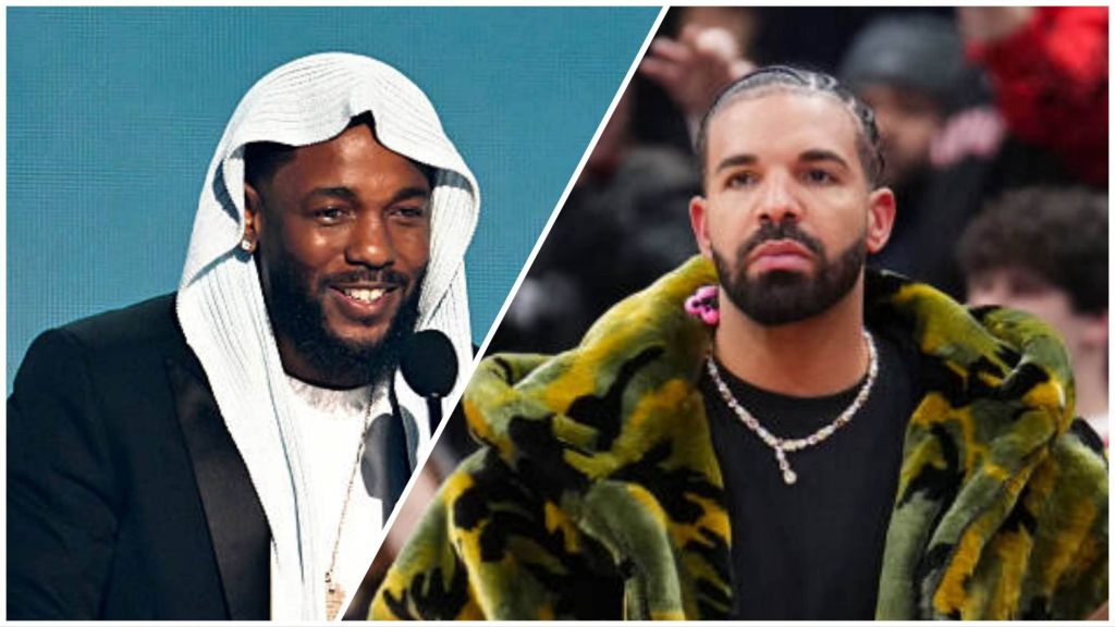 Kendrick Lamar smiling while wearing a white head covering beside Drake looking serious in a fur jacket.