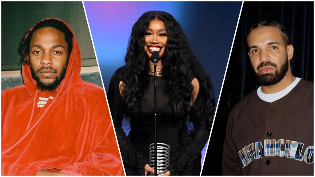 Side-by-side collage showing Kendrick Lamar in a red hoodie, SZA smiling at a podium, and Drake wearing a brown jacket, each in separate frames.