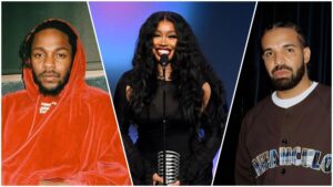 Side-by-side collage showing Kendrick Lamar in a red hoodie, SZA smiling at a podium, and Drake wearing a brown jacket, each in separate frames.