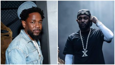 Side-by-side photos of rapper Kendrick Lamar — left image shows him in a light denim jacket and hat, smiling slightly; right image shows him in a black shirt, white sleeves, and a cap, adjusting his ear with a large “X” chain on his neck.
