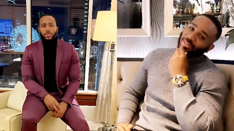 A side-by-side collage showing Kiddwaya seated indoors in two different outfits. On the left, he wears a burgundy suit with a black turtleneck, seated in a modern room with large windows overlooking a city at night. On the right, he wears a grey fitted sweater, smiling softly with his hand on his chin while seated in a stylish lounge with decorative shelves behind him.